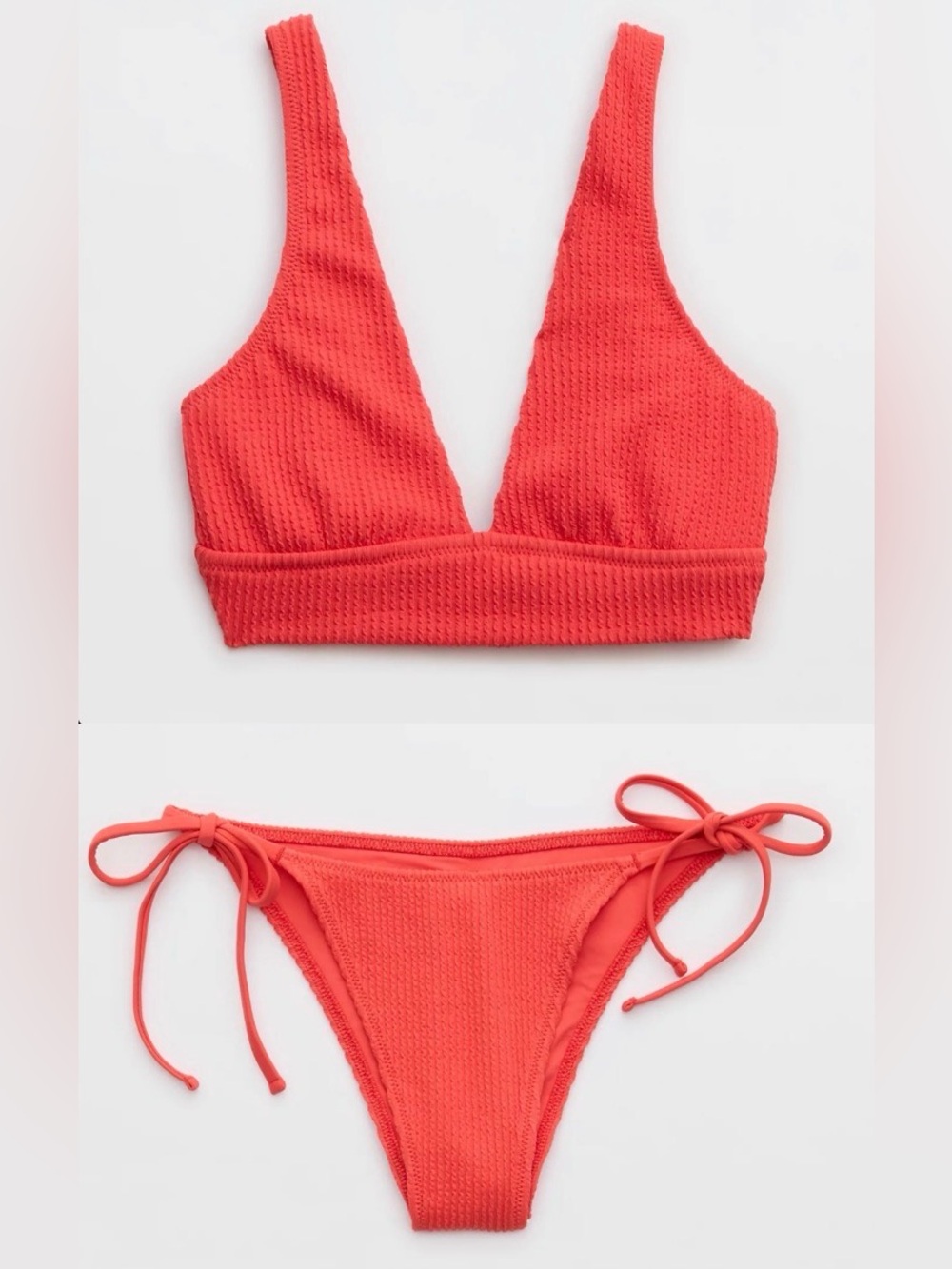 NWT Aerie FULL SET Crinkle Longline Plunge Top + String Tie Bottom Resort Red